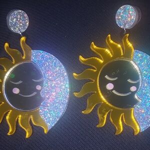 Gold Sun & Silver Glitter Moon Kids Earrings — Cute Sun Face Design
